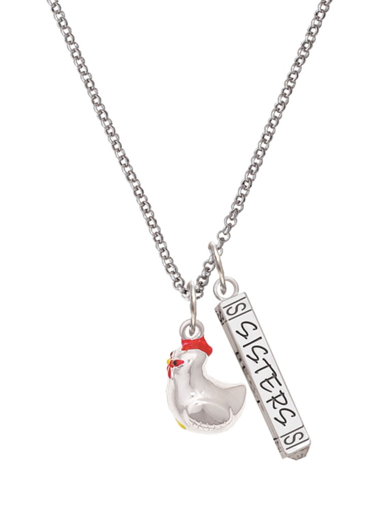 Delight Jewelry Silvertone Chicken 3-D Silvertone Sisters Best Friends Forever Bar Charm Necklace, 23"