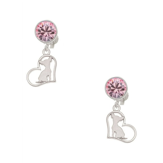 Delight Jewelry Silvertone Chihuahua Silhouette Heart Pink Crystal Clip on Earrings
