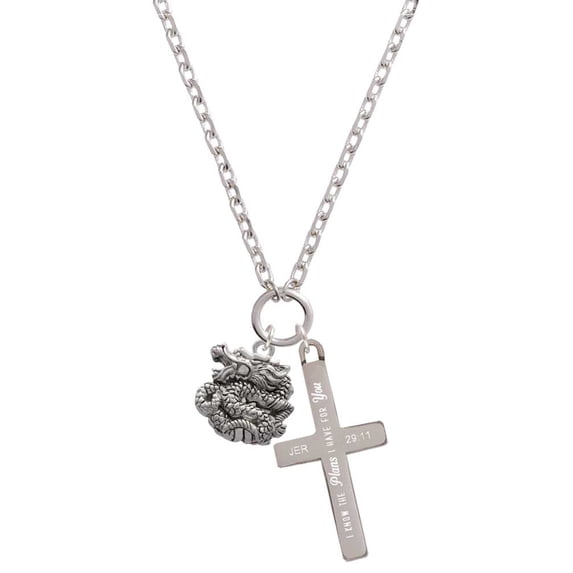 Delight Jewelry Silvertone Chinese Dragon I Have Plans for You Engraved Cross Zoey Necklace, 28"