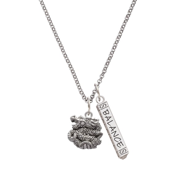 Delight Jewelry Silvertone Chinese Dragon Silvertone Balance Bar Charm Necklace, 23"