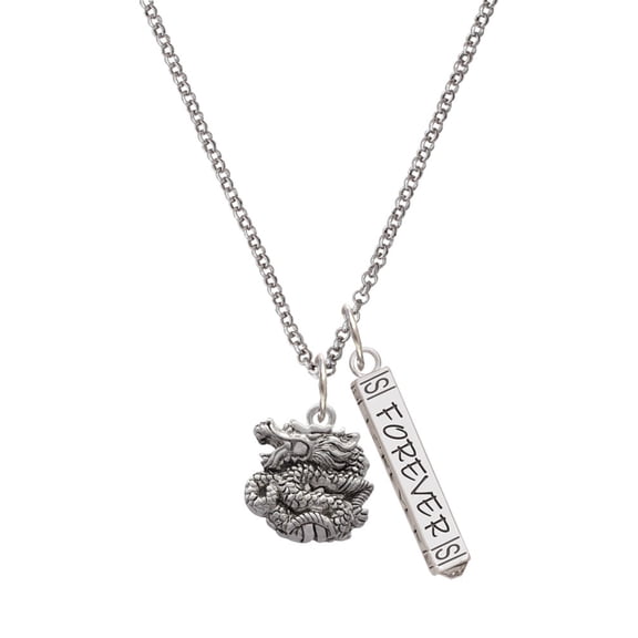 Delight Jewelry Silvertone Chinese Dragon Silvertone Forever Bar Charm Necklace, 23"