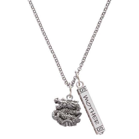 Delight Jewelry Silvertone Chinese Dragon Silvertone Mother Daughter Bar Charm Necklace, 23"