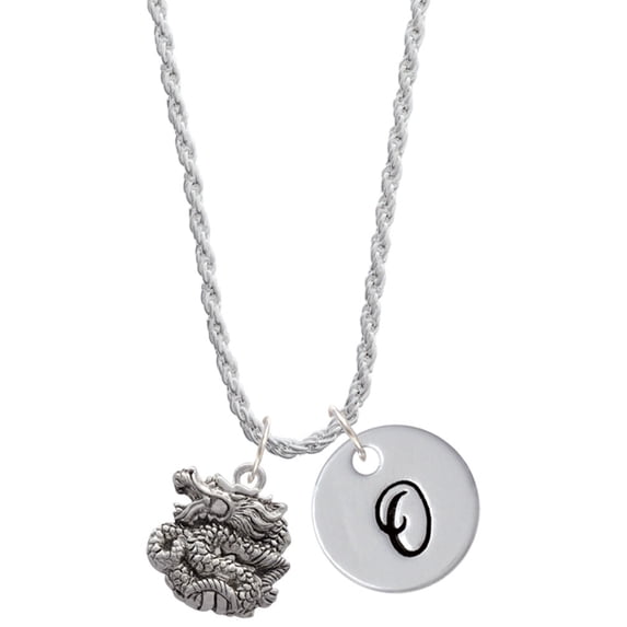 Delight Jewelry Silvertone Chinese Dragon Silvertone Script Initial Disc - O - Charm Necklace, 20"+3"