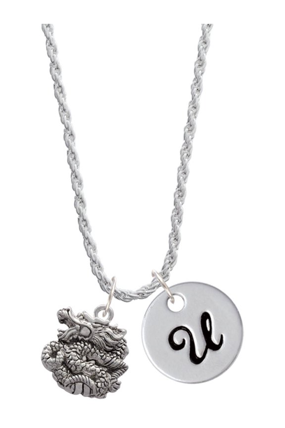 Silvertone Chinese Dragon Silvertone Script Initial Disc - U - Charm Necklace, 20"+3"