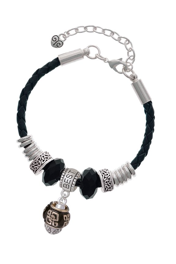 Silvertone Chinese Pattern on Black Spinners Best Friend Celtic Knot Leather Bead Bracelet, 7"+2" Extender