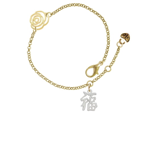 Delight Jewelry Silvertone Chinese Symbol ''Good Luck'' Gold-tone Rose Link Chain Bracelet, 6.25"+1.75" Extender
