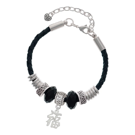 Delight Jewelry Silvertone Chinese Symbol ''Good Luck'' Wife Celtic Knot Leather Bead Bracelet, 7"+2" Extender