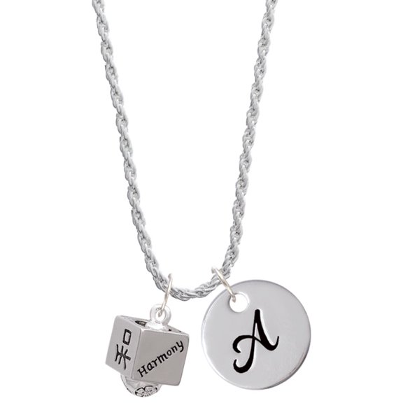 Delight Jewelry Silvertone Chinese Symbol Harmony Square Spinner Silvertone Script Initial Disc - A - Charm Necklace, 20"+3"