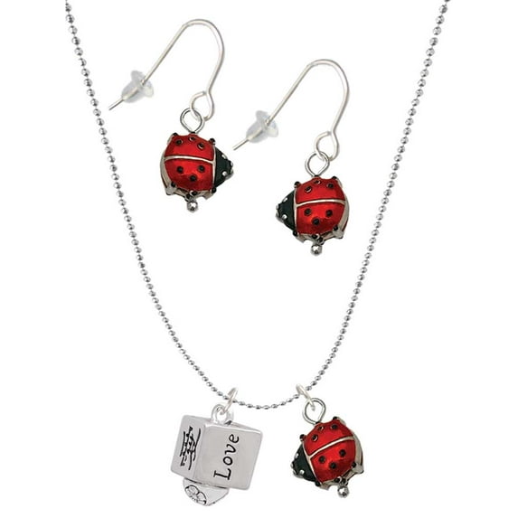 Delight Jewelry Silvertone Chinese Symbol Love Square Spinner Red Lucky Ladybug Necklace and Dangle Earrings Set
