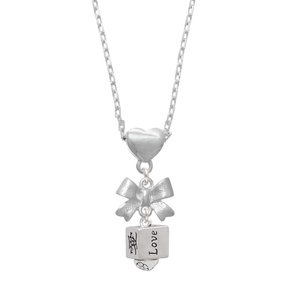 Delight Jewelry Silvertone Chinese Symbol Love Square Spinner Silver tone Bow Heart Necklace