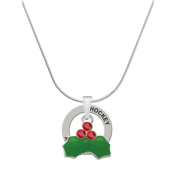 Delight Jewelry Silvertone Christmas Holly & Red Crystal Berries Hockey Ring Charm Necklace, 18"