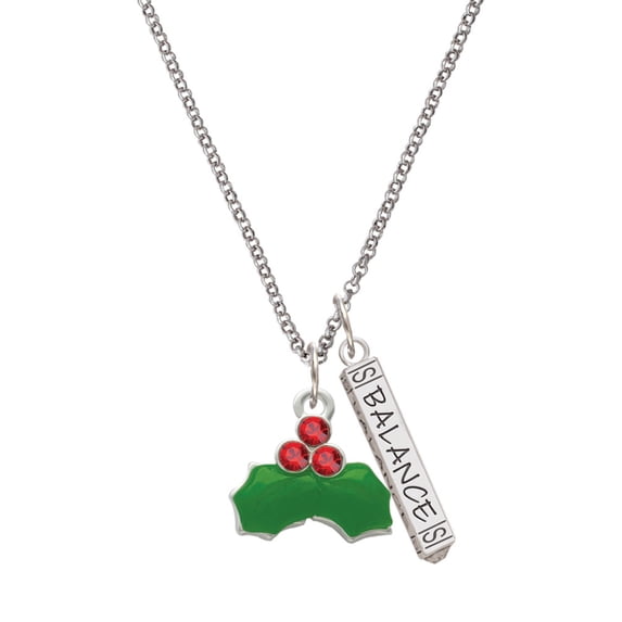 Delight Jewelry Silvertone Christmas Holly & Red Crystal Berries Silvertone Balance Bar Charm Necklace, 23"