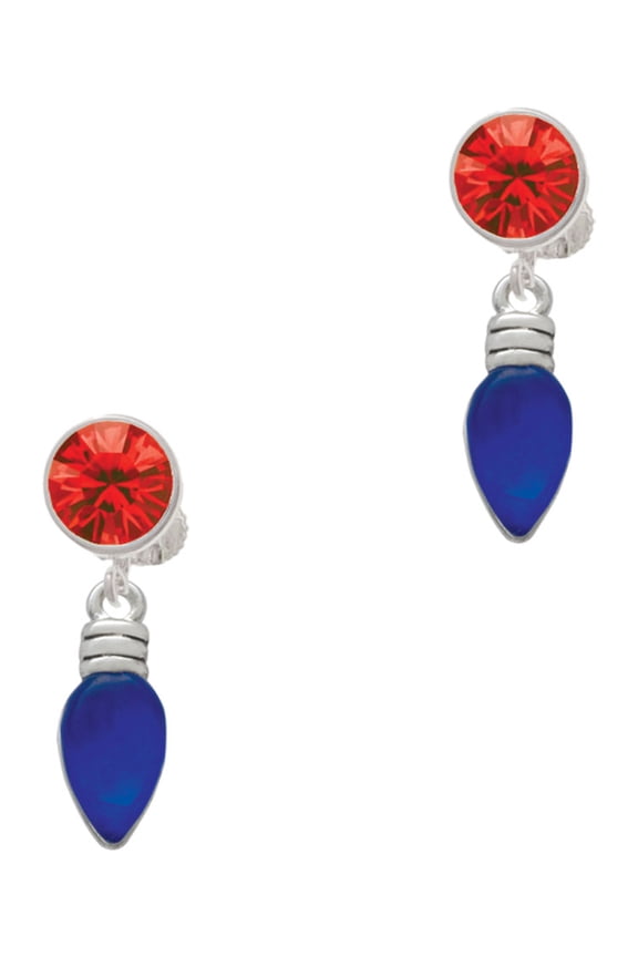Silvertone Christmas Lights - Blue Resin Red Crystal Clip on Earrings