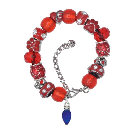 Delight Jewelry Silvertone Christmas Lights - Blue Resin Red Paw Print Bead Bracelet, 7"+2"