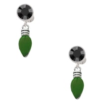 Delight Jewelry Silvertone Christmas Lights - Green Resin Black Crystal Clip on Earrings