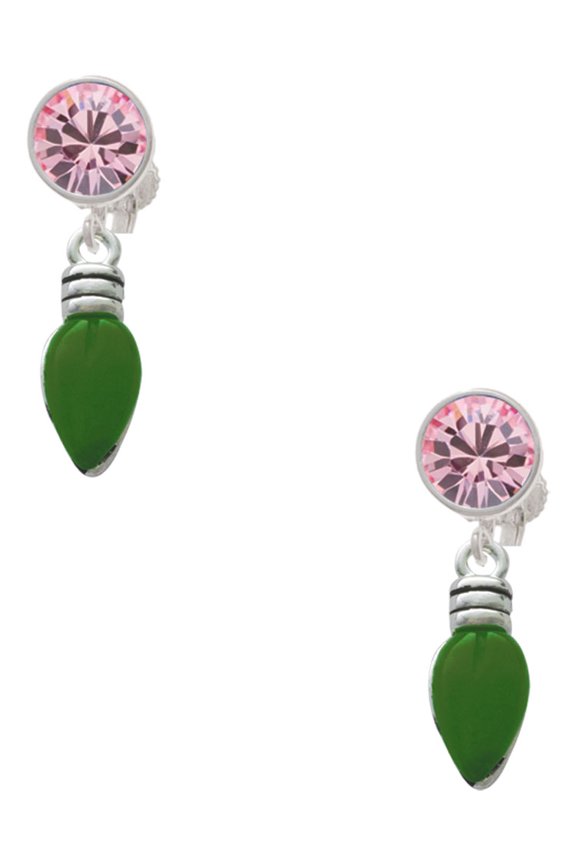 Silvertone Christmas Lights - Green Resin Pink Crystal Clip on Earrings