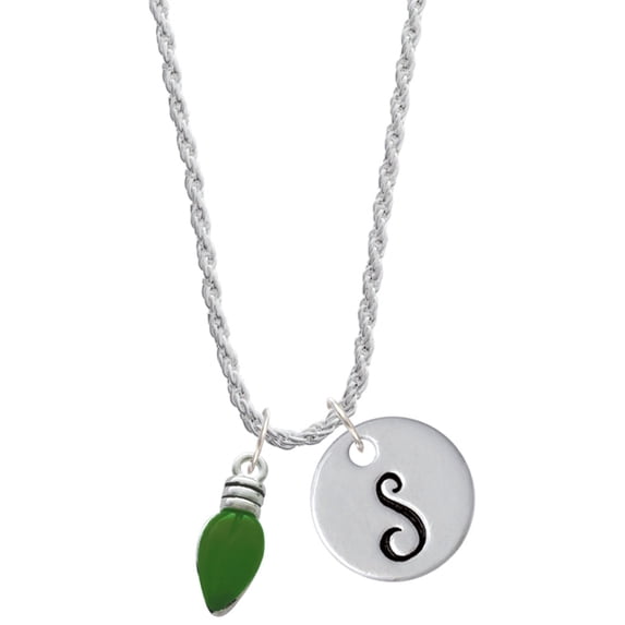 Delight Jewelry Silvertone Christmas Lights - Green Resin Silvertone Script Initial Disc - S - Charm Necklace, 20"+3"
