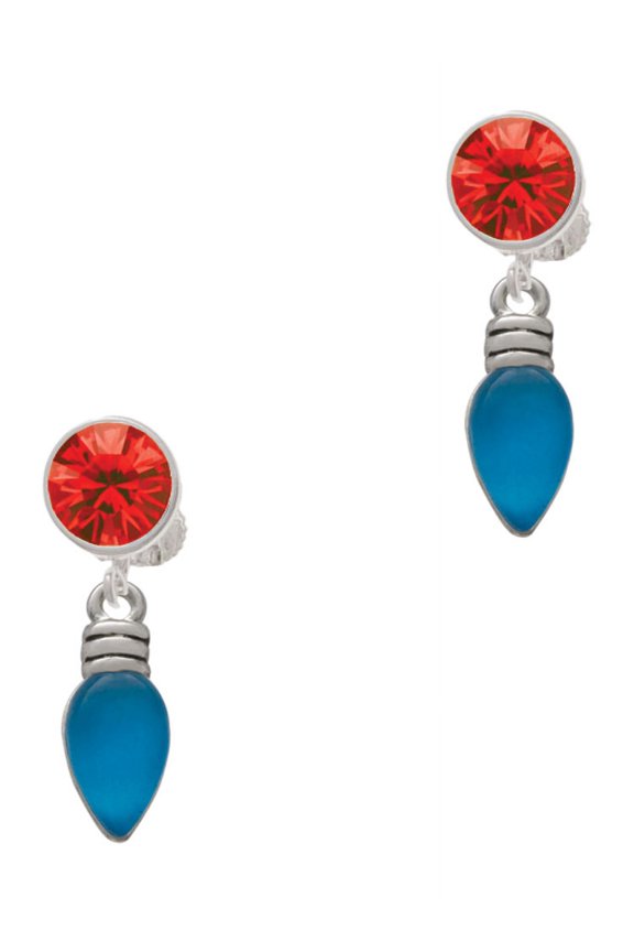 Silvertone Christmas Lights - Hot Blue Resin Red Crystal Clip on Earrings