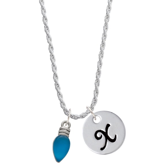 Delight Jewelry Silvertone Christmas Lights - Hot Blue Resin Silvertone Script Initial Disc - X - Charm Necklace, 20"+3"