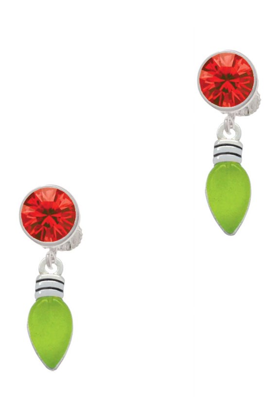 Silvertone Christmas Lights - Lime Green Resin Red Crystal Clip on Earrings