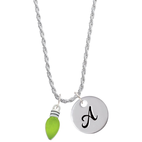 Delight Jewelry Silvertone Christmas Lights - Lime Green Resin Silvertone Script Initial Disc - A - Charm Necklace, 20"+3"