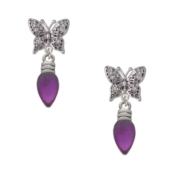 Delight Jewelry Silvertone Christmas Lights - Purple Resin Silvertone Antiqued Butterfly Post Earrings