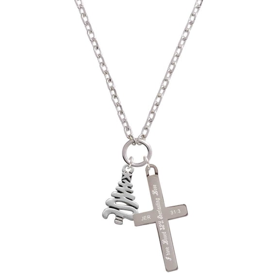 Delight Jewelry Silvertone Christmas Tree Zig Zag Everlasting Love Engraved Cross Zoey Necklace, 28"
