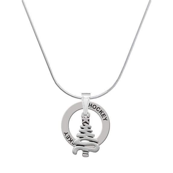 Delight Jewelry Silvertone Christmas Tree Zig Zag Hockey Ring Charm Necklace, 18"