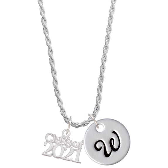 Delight Jewelry Silvertone Class of 2021 Silvertone Script Initial Disc - W - Charm Necklace, 20"+3"