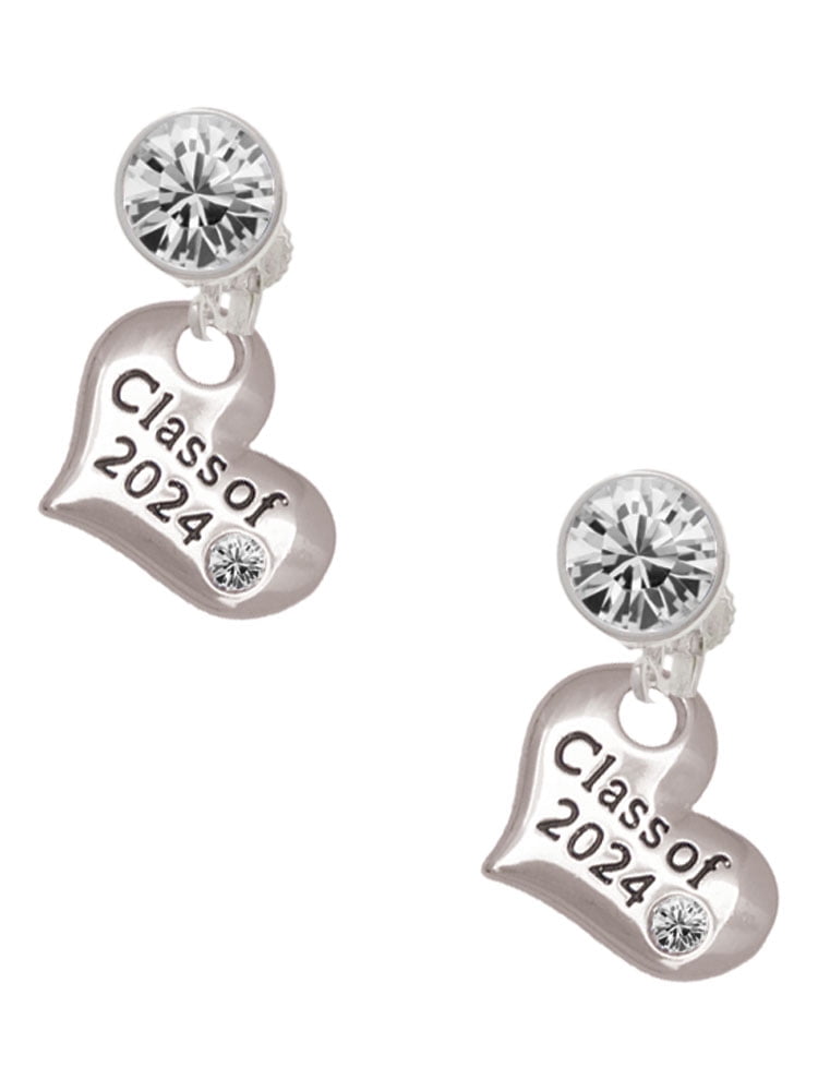 Delight Jewelry Silvertone Class of 2024 Heart Large Clear Crystal Clip On Earrings