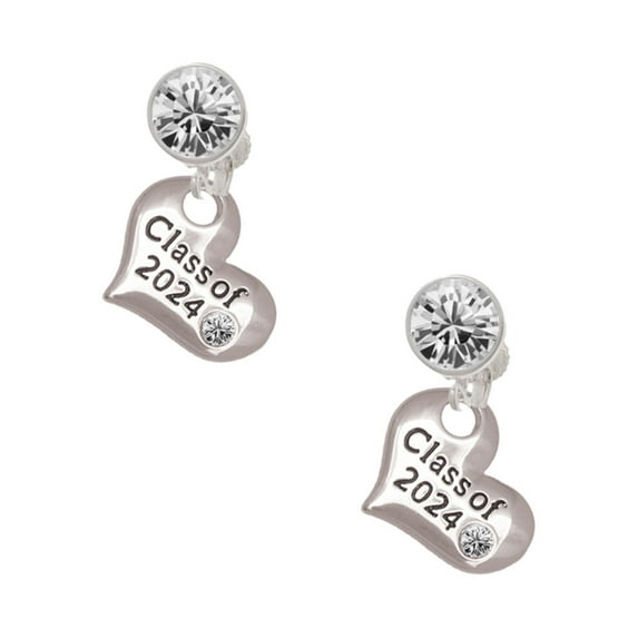 Delight Jewelry Silvertone Class of 2024 Heart Large Clear Crystal Clip On Earrings