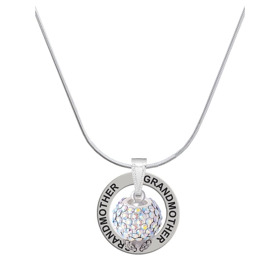 Delight Jewelry Silvertone Clear AB Crystal Sparkle Spinner Silvertone Grandmother Ring Charm Necklace, 18"
