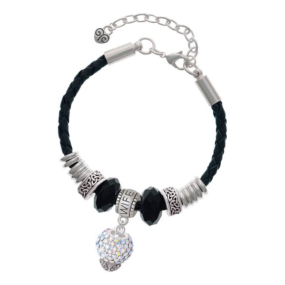 Delight Jewelry Silvertone Clear AB Crystal Sparkle Spinner Wife Celtic Knot Leather Bead Bracelet, 7"+2" Extender