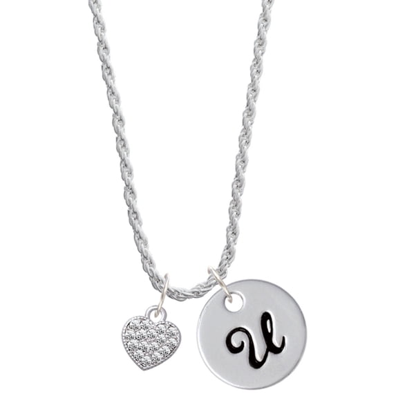 Delight Jewelry Silvertone Clear Crystal Heart Silvertone Script Initial Disc - U - Charm Necklace, 20"+3"