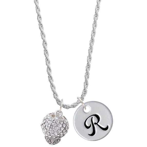 Delight Jewelry Silvertone Clear Crystal Sparkle Spinner Silvertone Script Initial Disc - R - Charm Necklace, 20"+3"