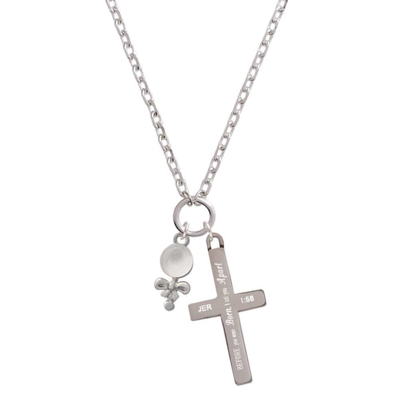 Delight Jewelry Silvertone Clear Frosted Baby Rattle I Set You Apart Engraved Cross Zoey Necklace, 28"