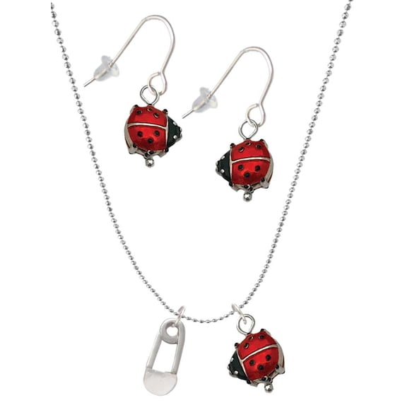 Delight Jewelry Silvertone Clear Frosted Baby Safety Pin Red Lucky Ladybug Necklace and Dangle Earrings Set