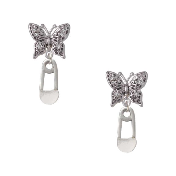 Delight Jewelry Silvertone Clear Frosted Baby Safety Pin Silvertone Antiqued Butterfly Post Earrings