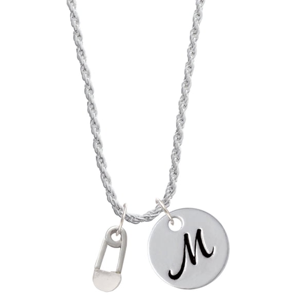Delight Jewelry Silvertone Clear Frosted Baby Safety Pin Silvertone Script Initial Disc - M - Charm Necklace, 20"+3"