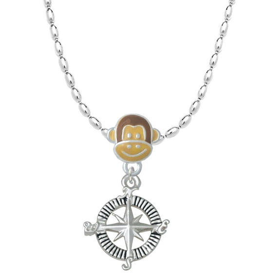 Delight Jewelry Silvertone Compass Mia Monkey Charm Necklace