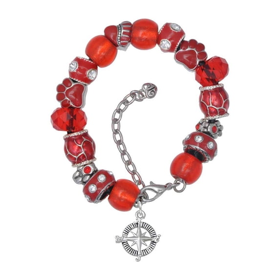 Delight Jewelry Silvertone Compass Red Paw Print Bead Bracelet, 7"+2"