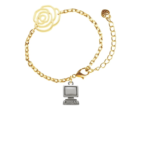 Delight Jewelry Silvertone Computer Gold-tone Flower Link Chain Bracelet, 6.75"+2" Extender