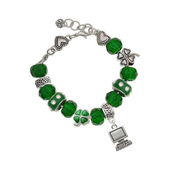 Delight Jewelry Silvertone Computer - Green Irish Luck Bead Charm Bracelet, 7.5"