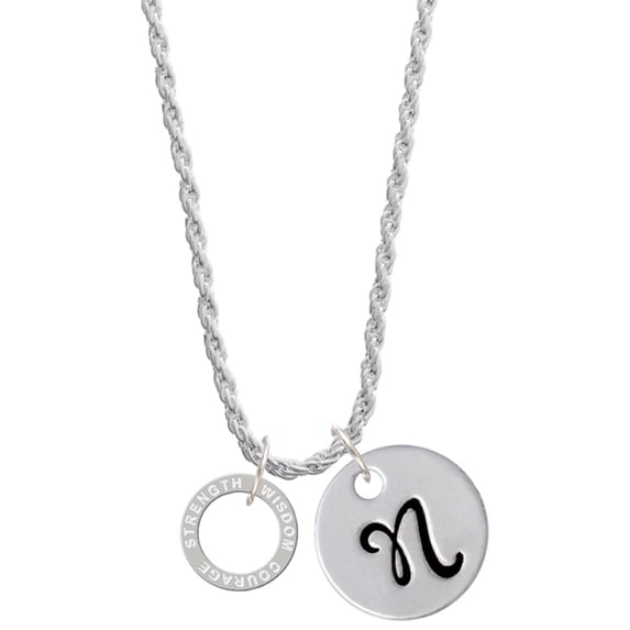 Delight Jewelry Silvertone Courage Strength Wisdom Infinity Ring Silvertone Script Initial Disc - N - Charm Necklace, 20"+3"