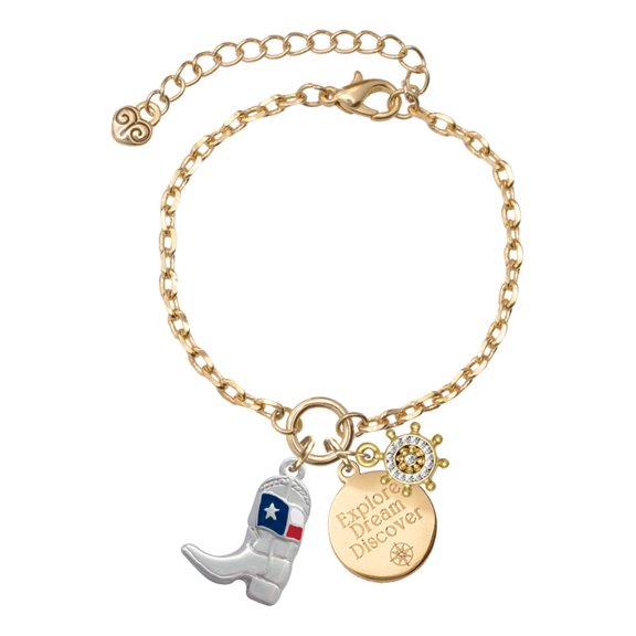 Delight Jewelry Silvertone Cowboy Boot with Texas Flag Goldtone Discover Dream Explore Zoey Charm Bracelet, 6.5+2" Extender