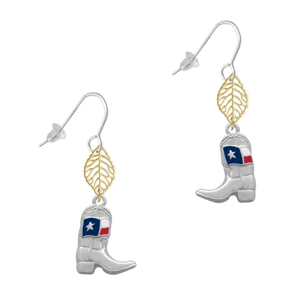 Delight Jewelry Silvertone Cowboy Boot with Texas Flag Goldtone Leaf French Earrings