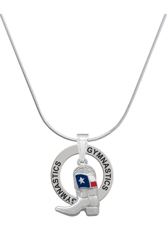 Silvertone Cowboy Boot with Texas Flag Gymnastics Ring Charm Necklace, 18"