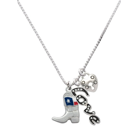 Delight Jewelry Silvertone Cowboy Boot with Texas Flag - Love and Lock Charm Necklace, 18"+1"