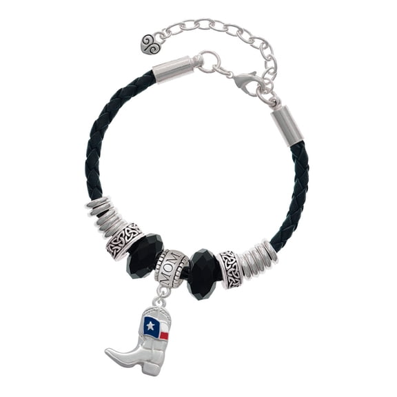 Delight Jewelry Silvertone Cowboy Boot with Texas Flag Mom Celtic Knot Leather Bead Bracelet, 7"+2" Extender