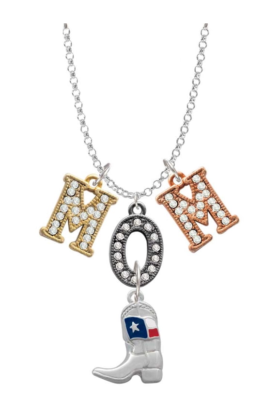 Silvertone Cowboy Boot with Texas Flag Multi-Colored Crystal Mom Charm Necklace